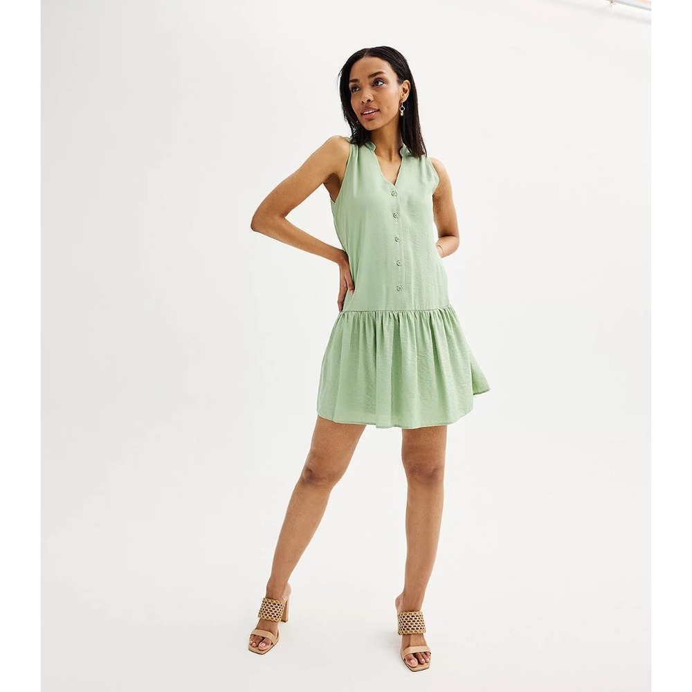 Nine West Womens Sage Green Sleeveless Drop Waist Ruffle Mini Dress XL